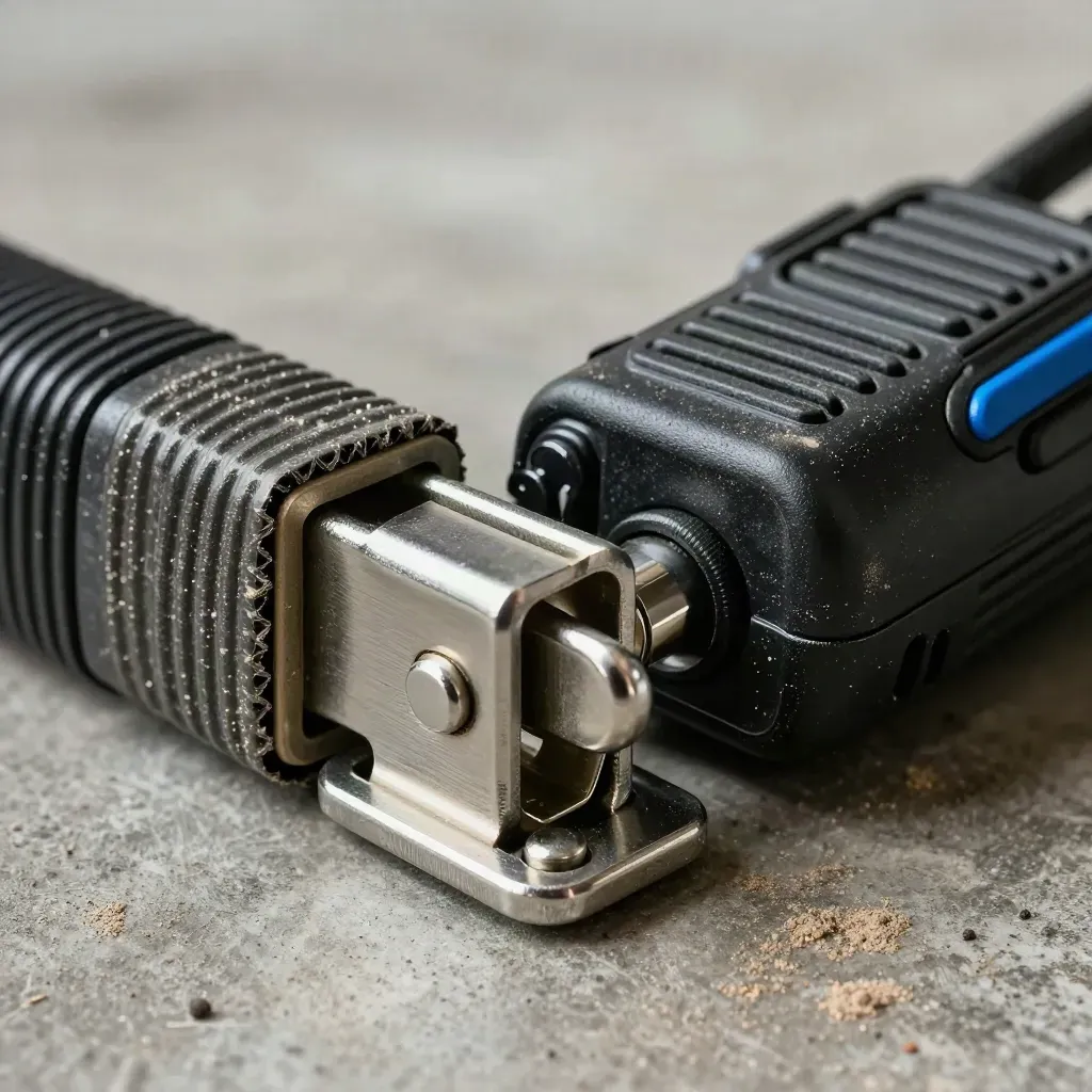 Macro still life of logistics gear: buckle, radio, seal, and corner protectors on concrete.