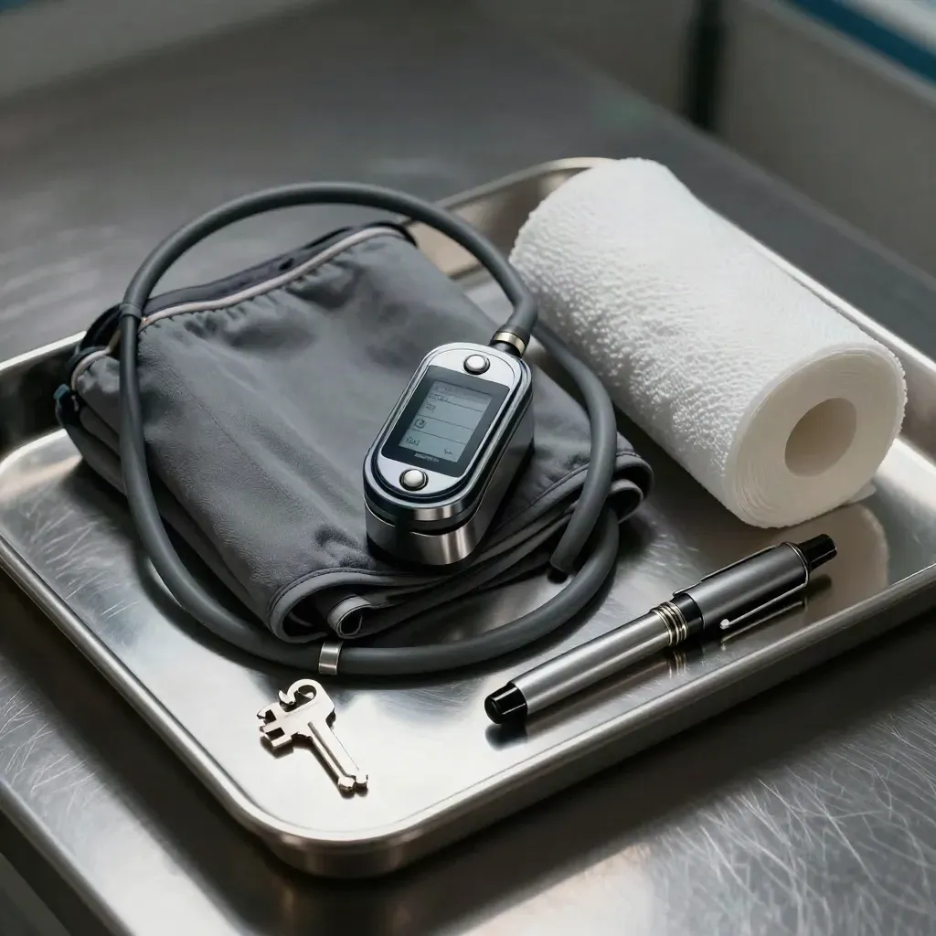 Top-down clinical still life of an oximeter, cuff, penlight and gauze on brushed steel.