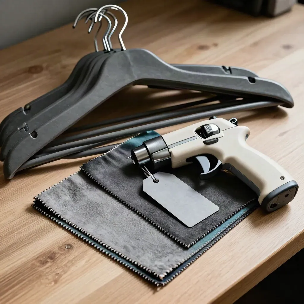 Retail security tags, hangers, ticket gun and fabric swatches on pale wood