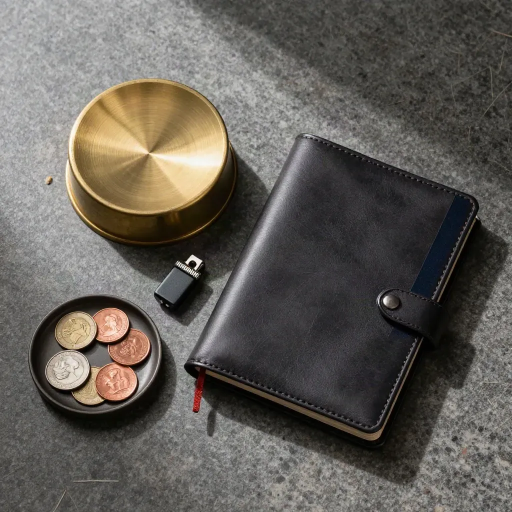 Brass paperweight, hardware token, leather ledger cover and coin tray on a stone slab.