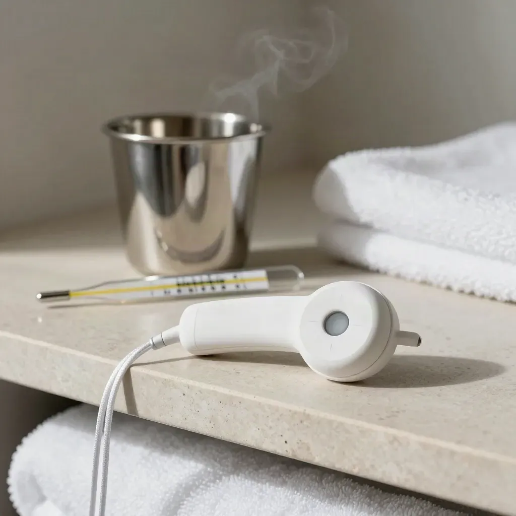 Care-call pendant with medication cup, thermometer probe, and folded towel on stone