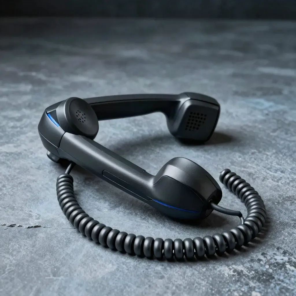 Matte office handset lifting above cradle with coiled cord and speakerphone puck