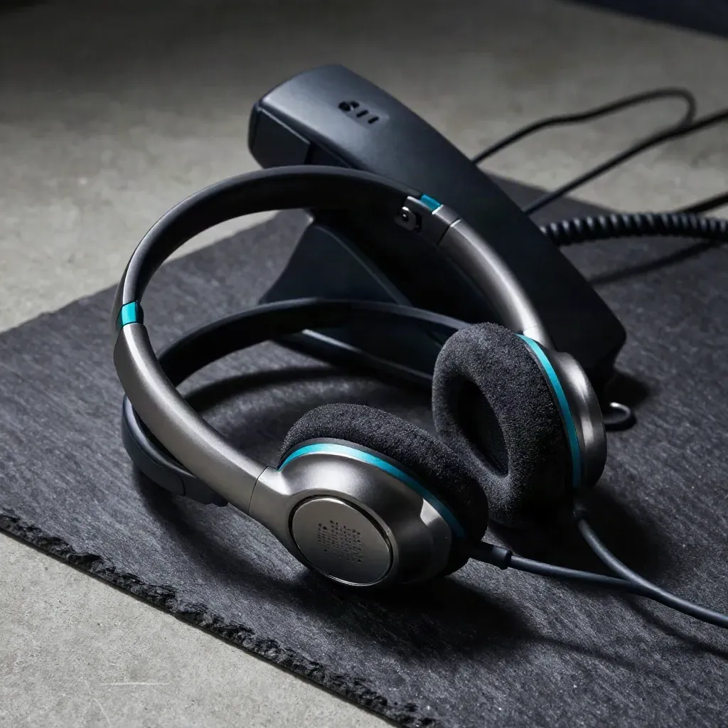 Overhead macro of two wireless headsets beside a docked handset on a concrete surface.