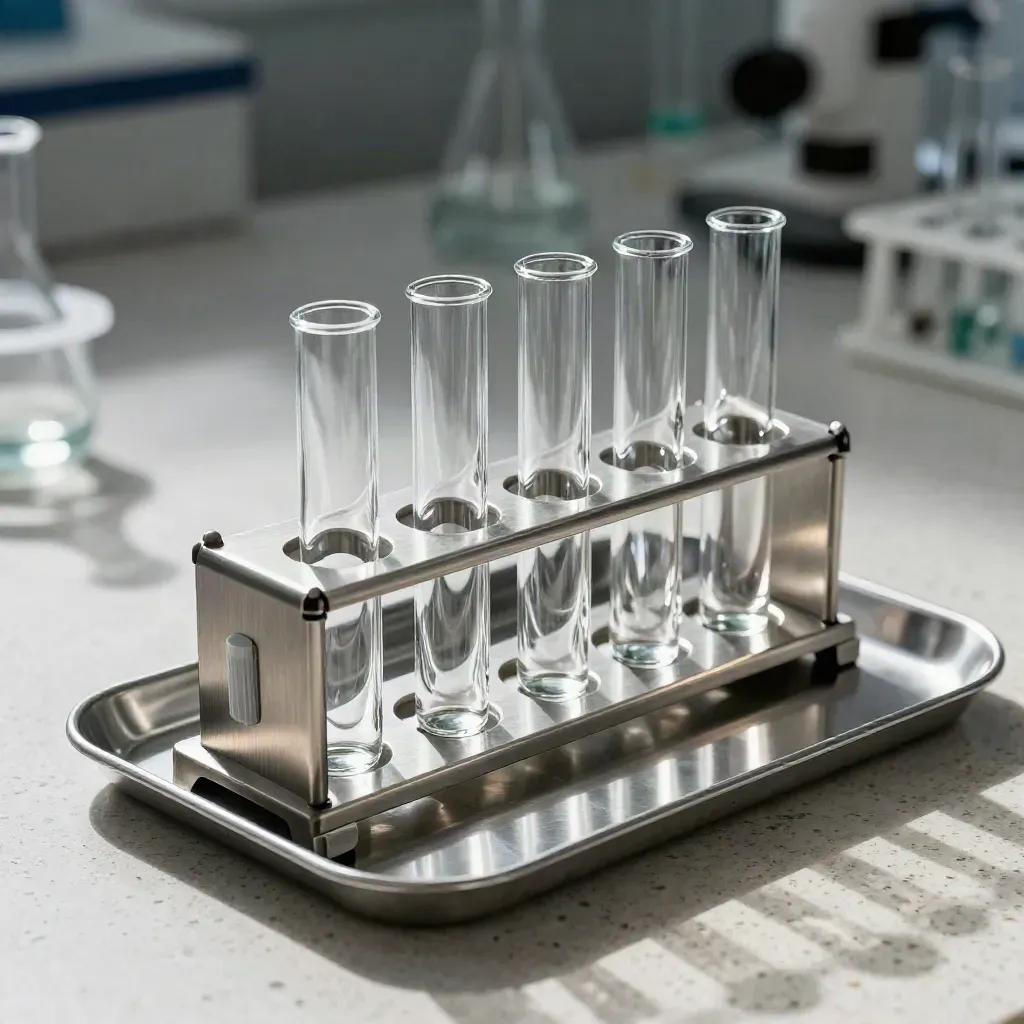 Glass vials in a metal rack beside a pipette tip box and steel tray