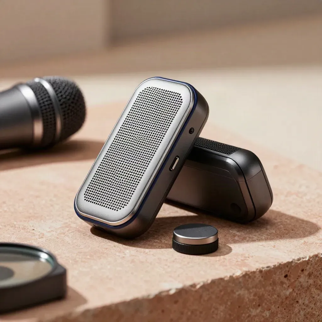 Compact speakerphone, folded tabletop microphone and mute puck on stone, macro product shot.
