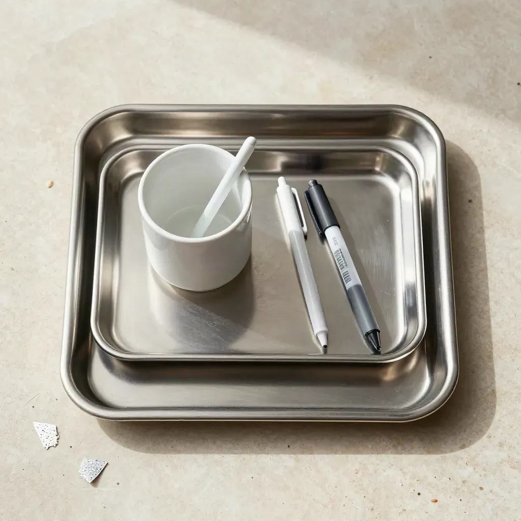 Overlapping steel inbox trays with a shared pen cup on pale stone, shot from above.