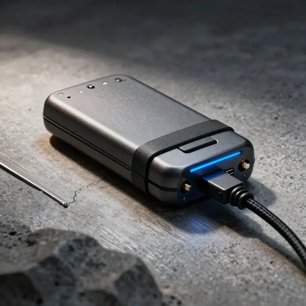 Macro of a rugged pager clipped to its cradle beside a slim charging lead on cool stone.