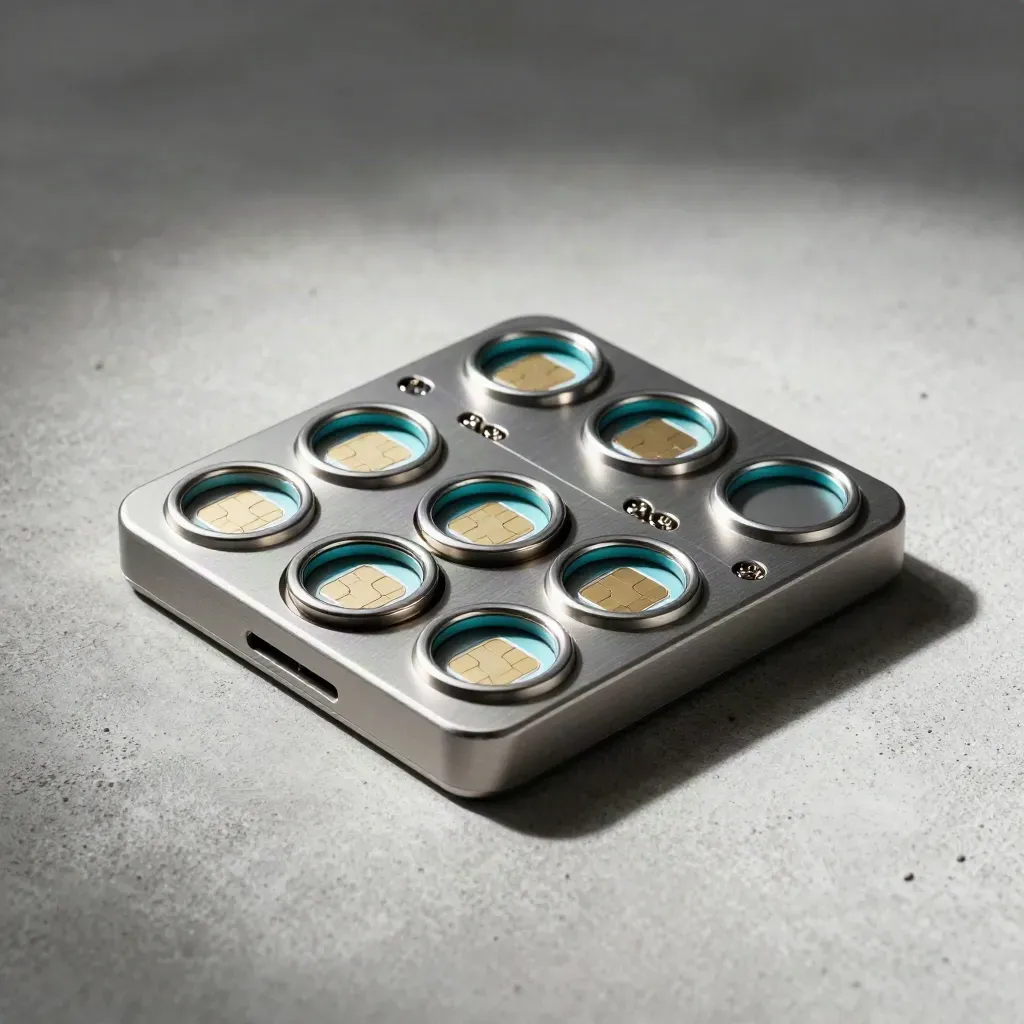 SIM trays, connector block, and index rings aligned on concrete under dramatic light.