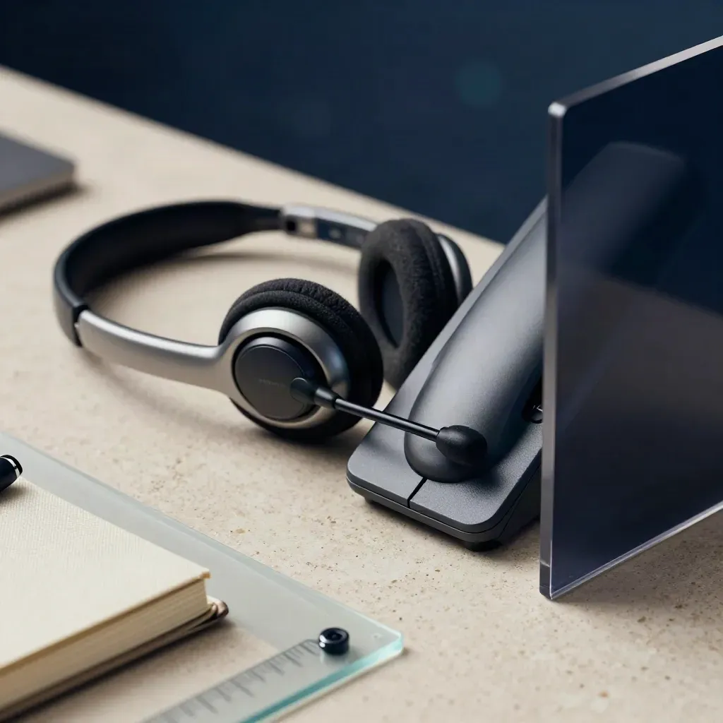 Macro still life of headset, desk phone base, notebook and acrylic divider on stone