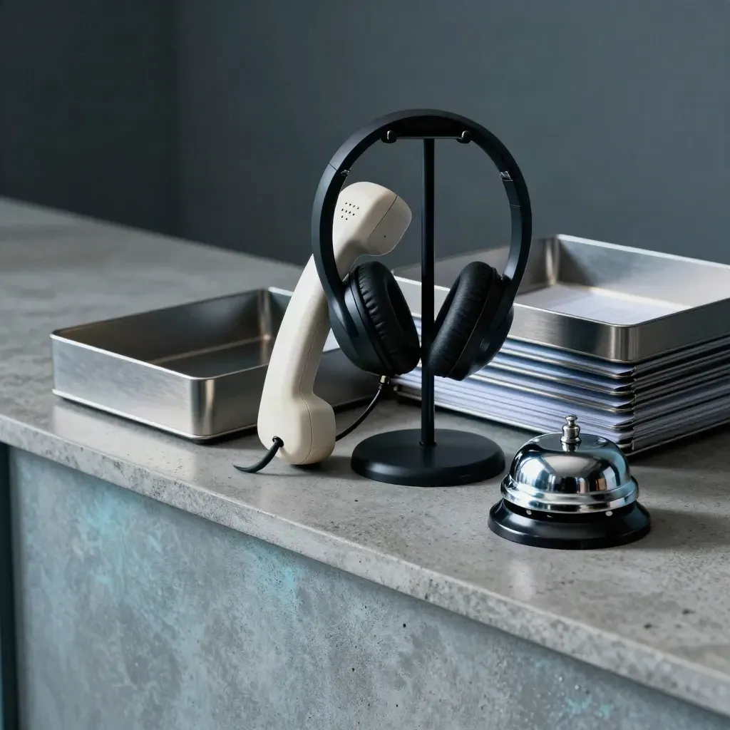 Support headset, handset, inbox trays, and desk bell on a concrete counter