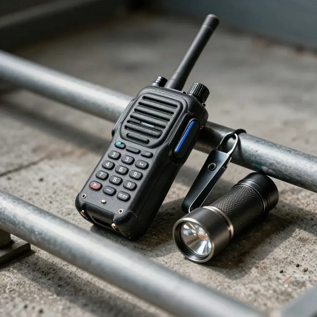 Rugged radio, key fob reader and flashlight on concrete behind a blurred railing.