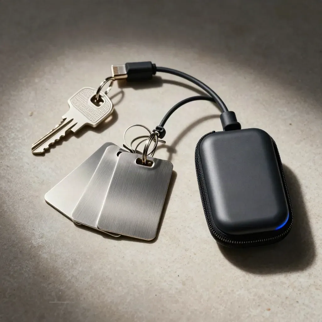 Overhead still life of metal keycards, Ethernet lead and travel case on stone.
