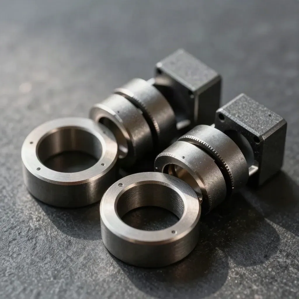 Machined rings, couplers, and graphite blocks linked on a charcoal stone surface in macro detail.