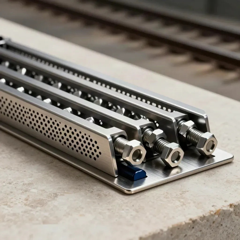 Dramatic still life of metal brackets, perforated rails, and bolts on a brushed steel plate.