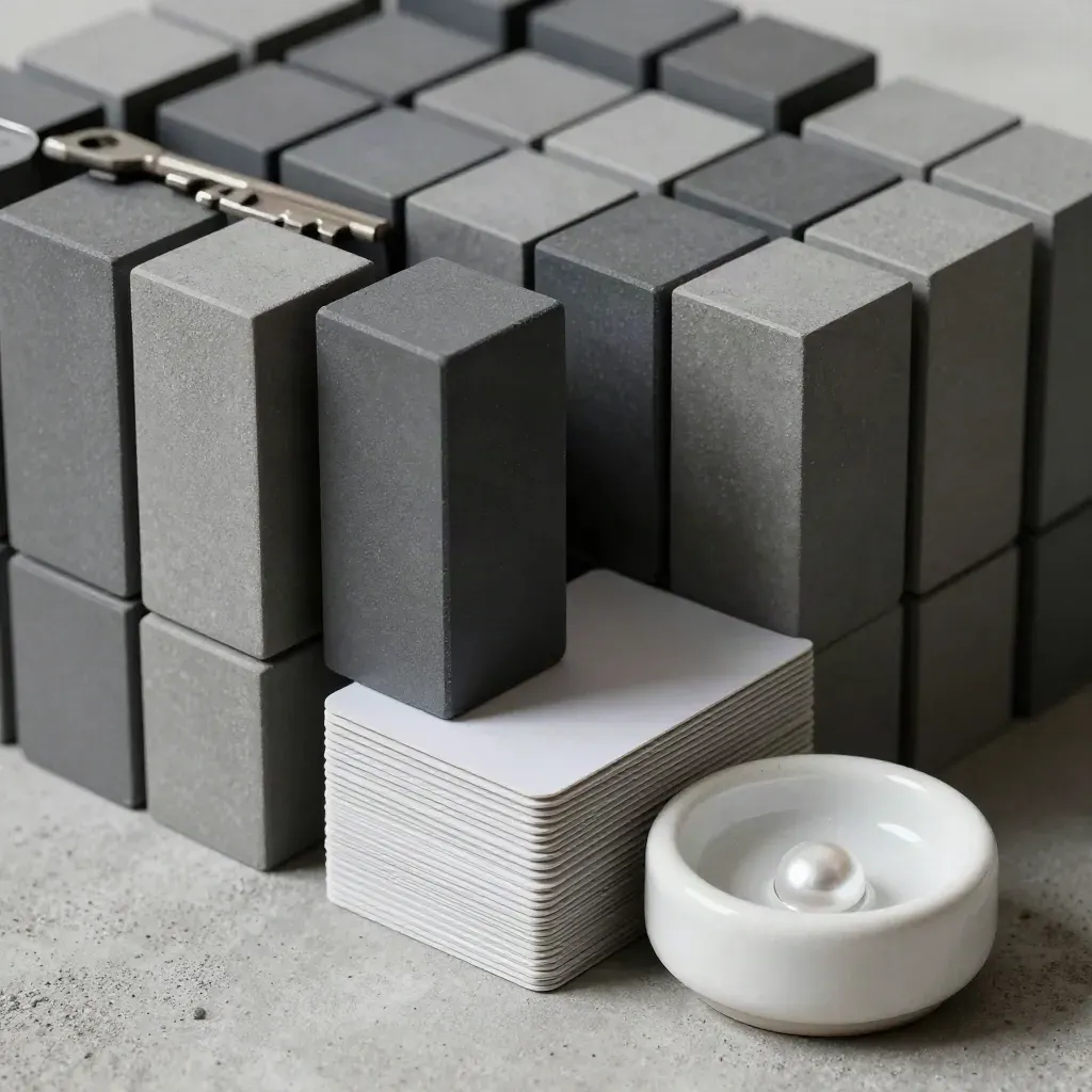 Overhead close-up of modular blocks, folded cards and a ceramic paperweight on grey concrete.