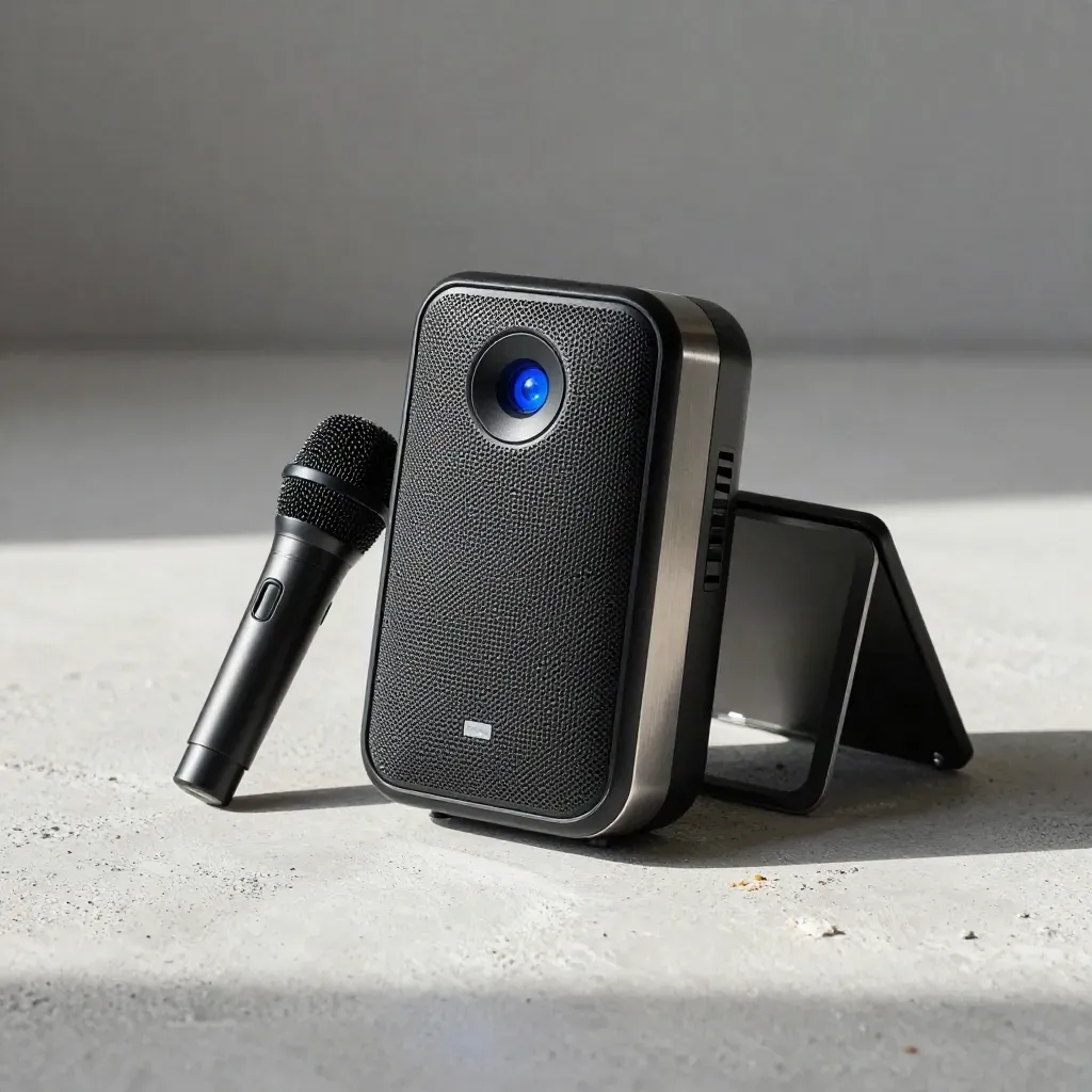 Speakerphone, desktop microphone, and folded stand on pale concrete with blue accent